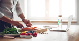 Das Bild zeigt einen berufstätigen Menschen bei der Zubereitung gesunder Snacks für die Arbeit als Sinnbild dafür, wie du mit der richtigen Anleitung die richtigen Vitalstoffe für alle Alters- und Lebensphasen findest und nutzt.