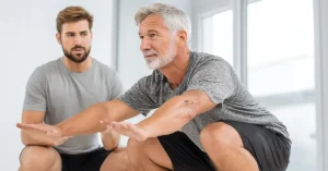 Das Bild zeigt einen älteren Mann bei Bewegungstraining unter direkter Anleitung seines Physiotherapeuten als Sinnbild dafür, wie du mit fachkundiger Hilfe chronische Schmerzen verstehen lernen kannst und wieder zu mehr Lebensqualität zurückfindest.