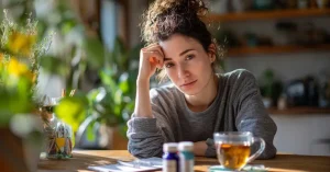 Das Bild zeigt eine müde junge Frau an ihrem Küchentisch als Sinnbild dafür, wie deine Erschöpfung mit Hashimoto zusammenhängen kann und wie du deine Energie zurückgewinnen kannst.