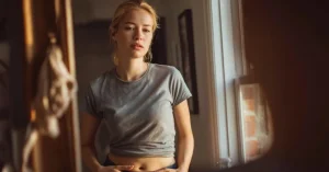 Das Bild zeigt eine junge Frau bei der kritischen Selbstbetrachtung im Spiegel als Sinnbild dafür, wie Hashimoto und das Körperfett zusammenhängen können und wie du Abnehmen kannst.