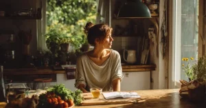 Das Bild zeigt eine junge Frau an ihrem Küchentisch vor einem Buch mit Informationen zum Hormonmangel, da dein Kinderwunsch mit Progesteron steht und fällt.