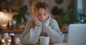 Das Bild zeigt eine müde junge Frau an ihrem Küchentisch als Sinnbild dafür, wie deine Nebenniere und die Schilddrüse zusammenhängen können und wie du deine Energie zurückgewinnen kannst.