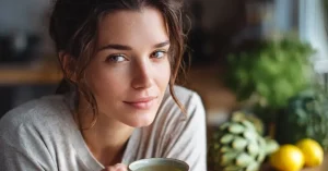 Das Bild zeigt eine junge Frau bei einer entspannenden Tasse Tee als Sinnbild dafür, den Zusammenhang zwischen PMS und der Leber zu verstehen und die Leber als natürlichen Regulator zu mehr Hormonbalance und Wohlbefinden zu nutzen.