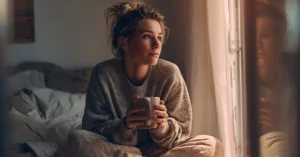 Das Bild zeigt eine nachdenkliche junge Frau mit einer Tasse Tee auf ihrem Bett als Sinnbild dafür, warum es wichtig ist, den Zusammenhang zwischen der Schilddrüse und dem Kinderwunsch zu kennen und warum der TSH alleine nicht reicht.