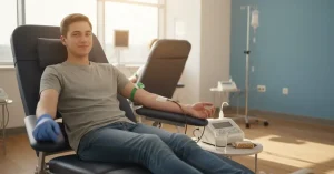 Auf dem Bild ist ein junger Mann zu sehen, der in einem freundlichen, hellen Krankenzimmer sitzt und an einem Arm einen Schlauch zum Blutspenden hat.