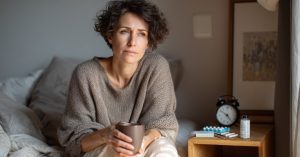 Das Bild zeigt eine müde junge Frau auf ihrem Bett mit einem Morgenkaffee als Sinnbild dafür, wie deine Schilddrüse und die Nebenniere zusammenhängen können und wie du deine Energie zurückgewinnen kannst.