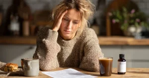 Das Bild zeigt eine erschöpfte Frau am Küchentisch beim Studium ihrer Laborwerten als Sinnbild dafür, wie Hashimoto und der Vagusnerv zusammenhängen und wie du deine Regulation wirklich stärkst.