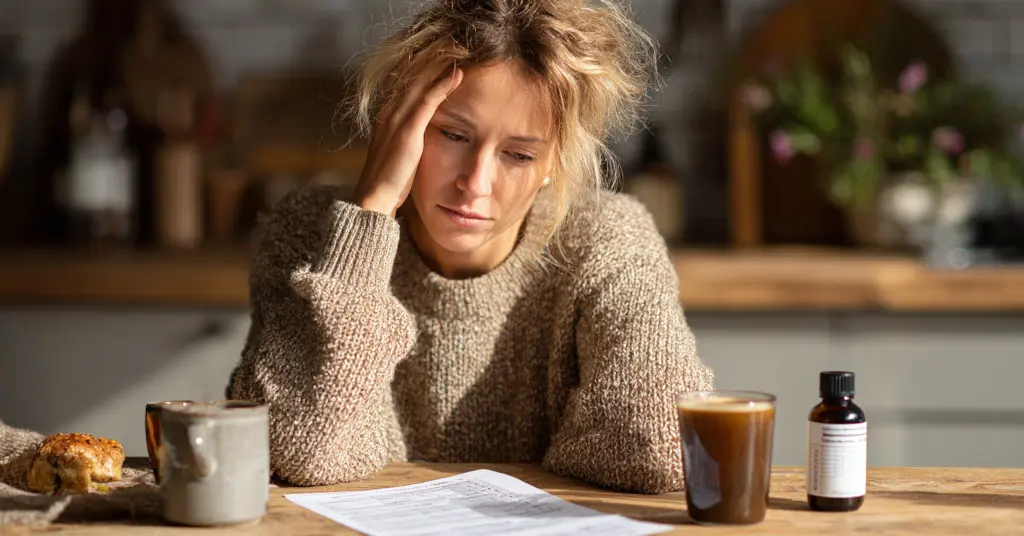 Das Bild zeigt eine erschöpfte Frau am Küchentisch beim Studium ihrer Laborwerten als Sinnbild dafür, wie Hashimoto und der Vagusnerv zusammenhängen und wie du deine Regulation wirklich stärkst.